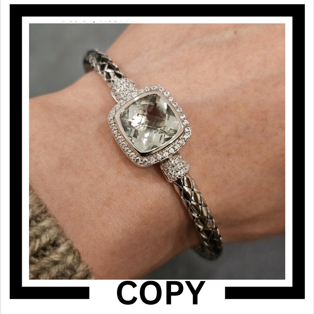 STERLING SILVER Prasiolite & White Zircon Braided Style Bangle Bracelet Sz 8"